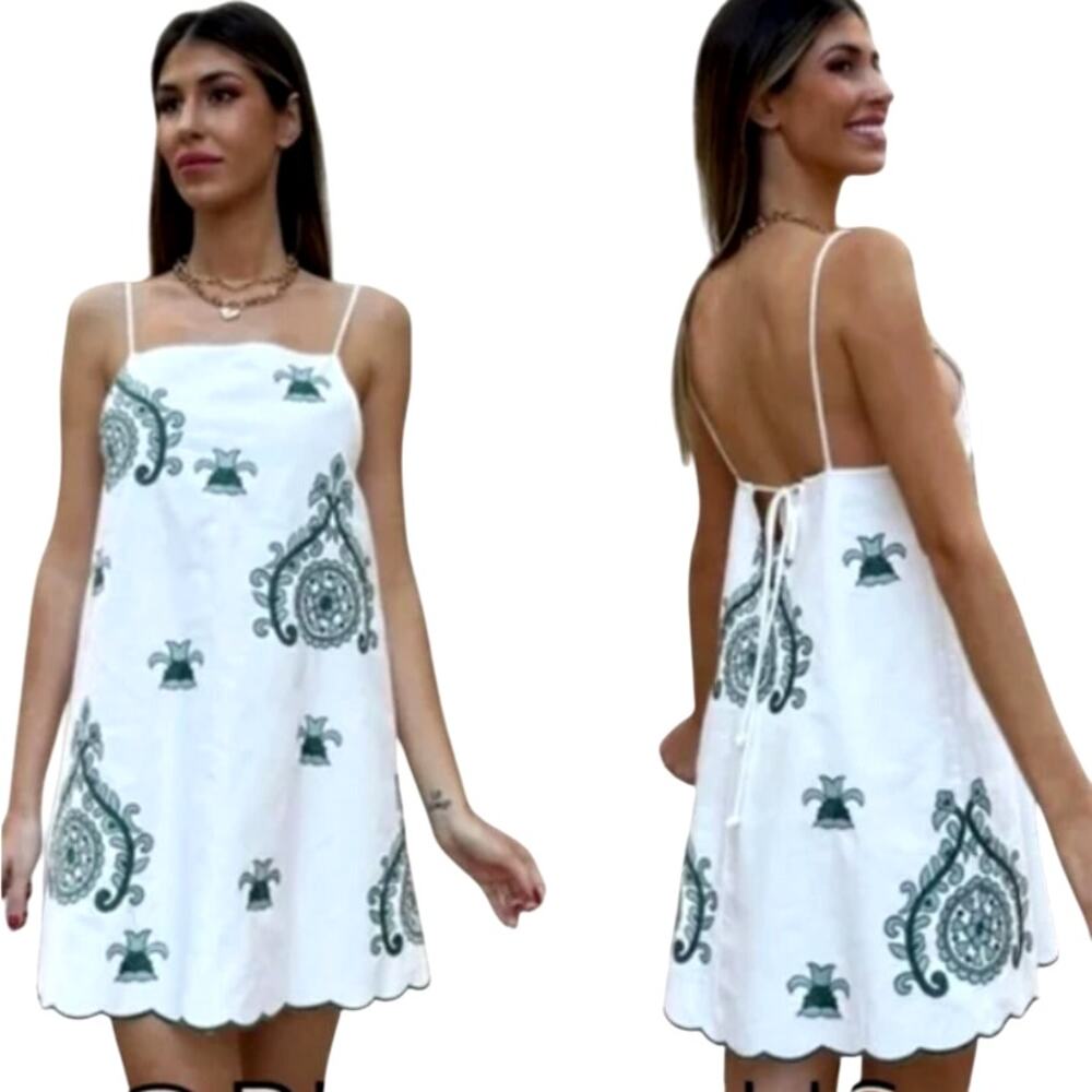 Zara White & Green Embroidered Cotton Dress – Size L